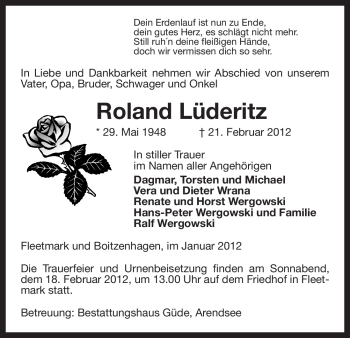 Traueranzeige von Roland Lüderitz von ALLGEMEINE ZEITUNG UELZEN