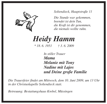 Traueranzeige von Heidy Hamm von ALLGEMEINE ZEITUNG UELZEN