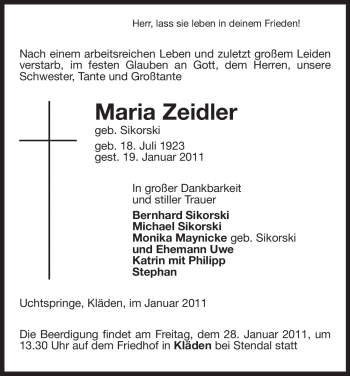 Traueranzeige von Maria Zeidler von ALLGEMEINE ZEITUNG UELZEN