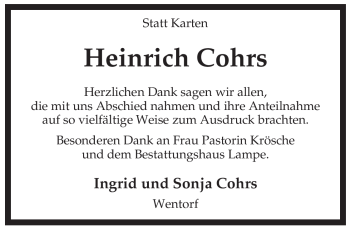 Traueranzeige von Heinrich Cohrs von ALLGEMEINE ZEITUNG UELZEN