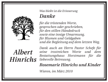 Traueranzeige von Albert Hinrichs von ALLGEMEINE ZEITUNG UELZEN