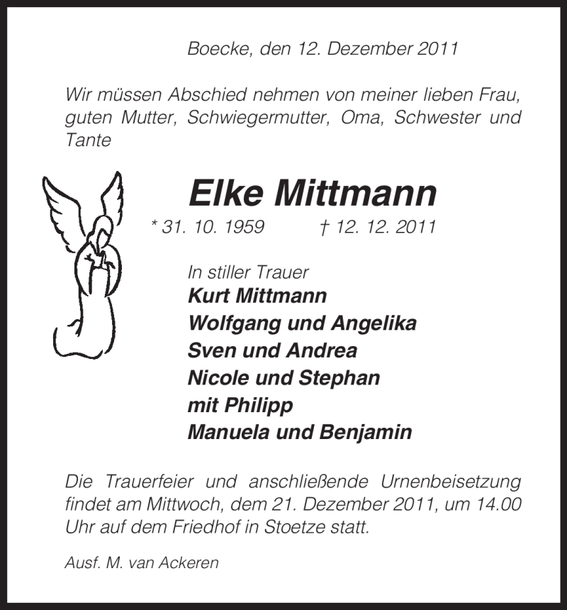  Traueranzeige für Elke Mittmann vom 17.12.2011 aus ALLGEMEINE ZEITUNG UELZEN
