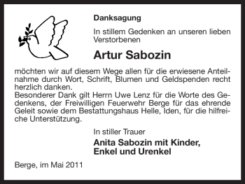 Traueranzeige von Artur Sabozin von ALLGEMEINE ZEITUNG UELZEN