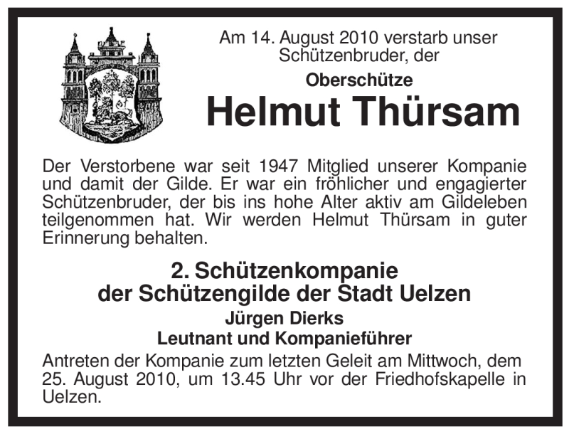  Traueranzeige für Helmut Thürsam vom 24.08.2010 aus ALLGEMEINE ZEITUNG UELZEN