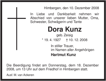 Traueranzeige von Dora Kunz von ALLGEMEINE ZEITUNG UELZEN