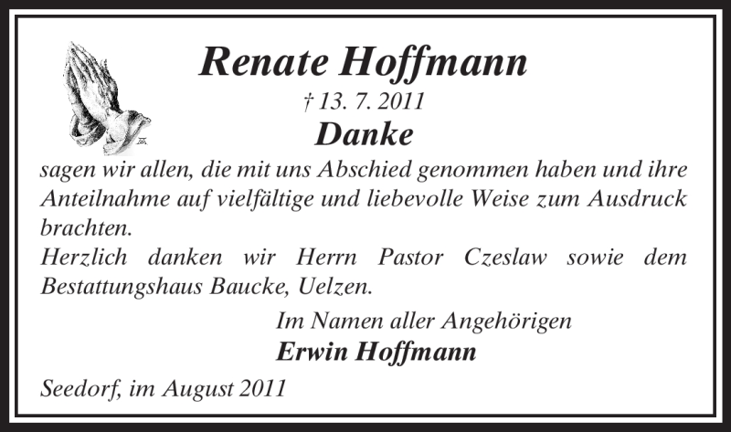  Traueranzeige für Renate Hoffmann vom 13.08.2011 aus ALLGEMEINE ZEITUNG UELZEN