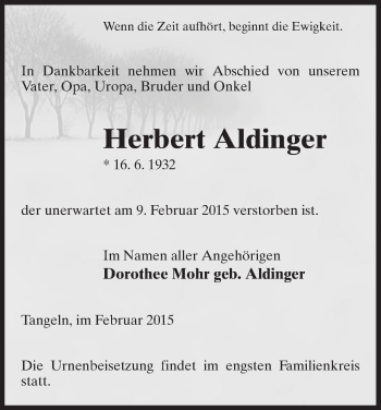 Traueranzeige von Herbert Aldinger von Uelzen