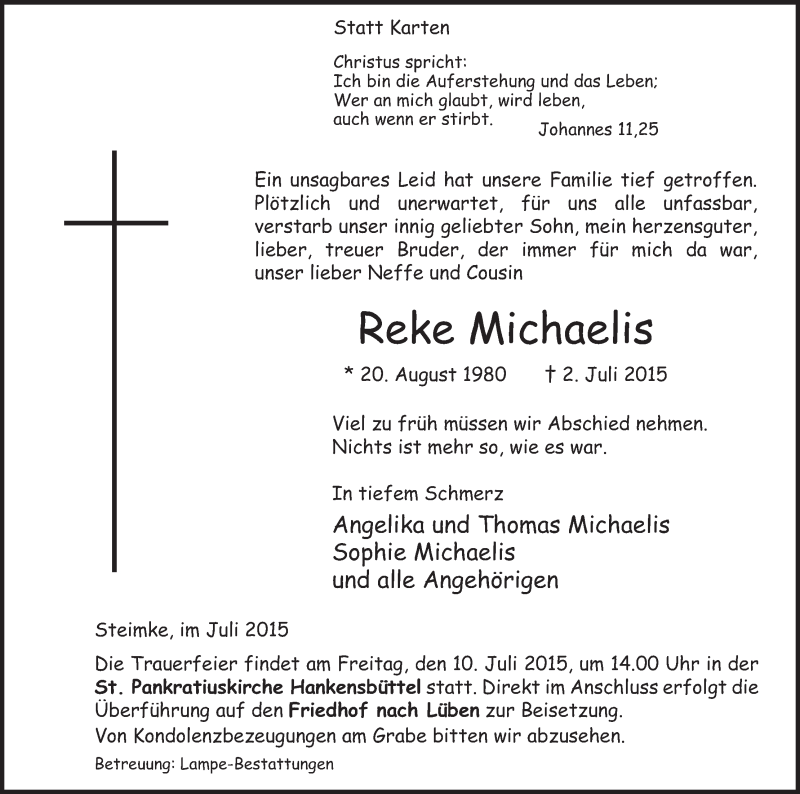  Traueranzeige für Reke Michaelis vom 07.07.2015 aus Uelzen