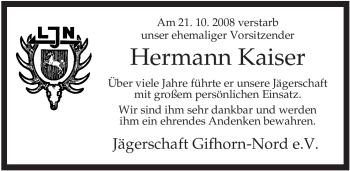 Traueranzeige von Hermann Kaiser von ALLGEMEINE ZEITUNG UELZEN