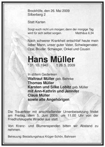 Traueranzeige von Hans Müller von ALLGEMEINE ZEITUNG UELZEN