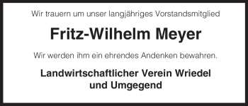 Traueranzeige von Fritz-Wilhelm Meyer von ALLGEMEINE ZEITUNG UELZEN