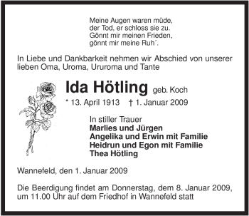 Traueranzeige von Ida Hötling von ALLGEMEINE ZEITUNG UELZEN