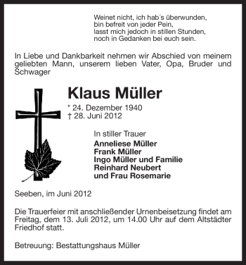 Traueranzeige von Klaus Müller von ALLGEMEINE ZEITUNG UELZEN