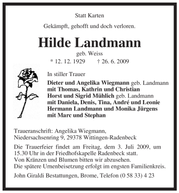 Traueranzeige von Hilde Landmann von ALLGEMEINE ZEITUNG UELZEN