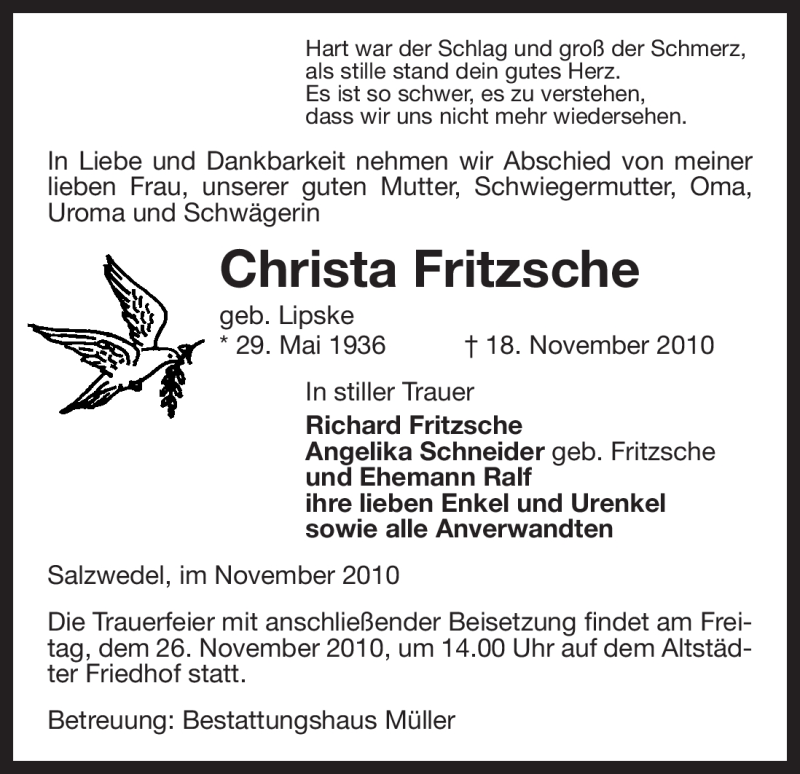  Traueranzeige für Christa Fritzsche vom 19.11.2010 aus ALLGEMEINE ZEITUNG UELZEN