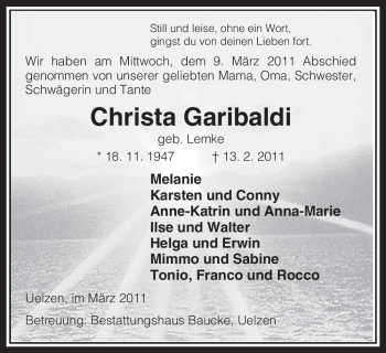 Traueranzeige von Christa Garibaldi von ALLGEMEINE ZEITUNG UELZEN