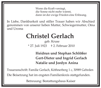 Traueranzeige von Christel Gerlach von ALLGEMEINE ZEITUNG UELZEN
