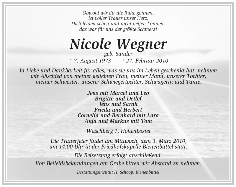  Traueranzeige für Nicole Wegner vom 01.03.2010 aus ALLGEMEINE ZEITUNG UELZEN