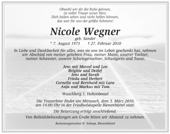 Traueranzeige von Nicole Wegner von ALLGEMEINE ZEITUNG UELZEN