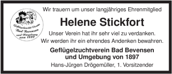 Traueranzeige von Helene Stickfort von ALLGEMEINE ZEITUNG UELZEN