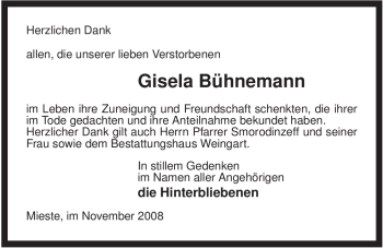 Traueranzeige von Gisela Bühnemann von ALLGEMEINE ZEITUNG UELZEN