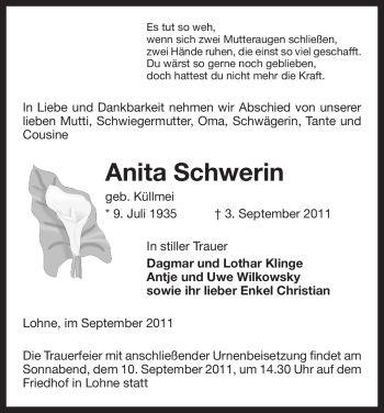 Traueranzeige von Anita Schwerin von ALLGEMEINE ZEITUNG UELZEN