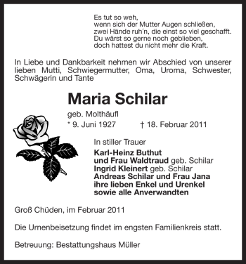 Traueranzeige von Maria Schilar von ALLGEMEINE ZEITUNG UELZEN