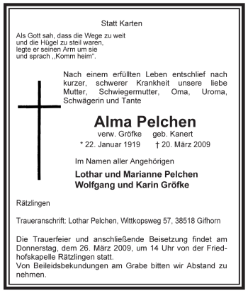 Traueranzeige von Alma Pelchen von ALLGEMEINE ZEITUNG UELZEN