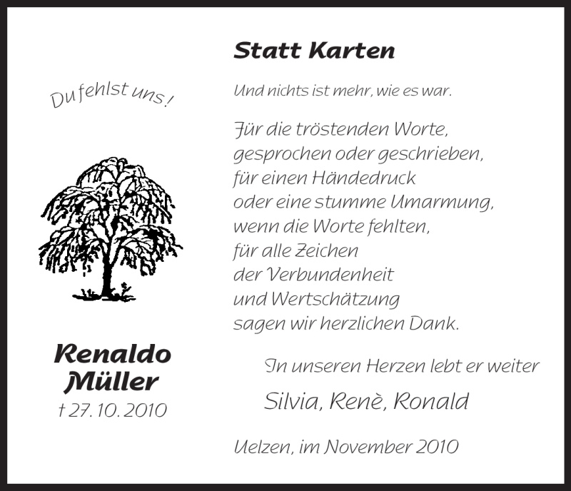  Traueranzeige für Renaldo Müller vom 20.11.2010 aus ALLGEMEINE ZEITUNG UELZEN
