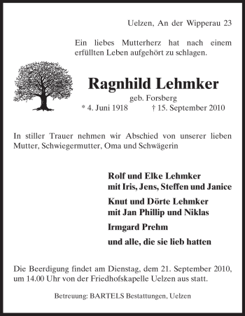 Traueranzeige von Ragnhild Lehmker von ALLGEMEINE ZEITUNG UELZEN
