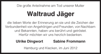 Traueranzeige von Waltraud Jäger von ALLGEMEINE ZEITUNG UELZEN