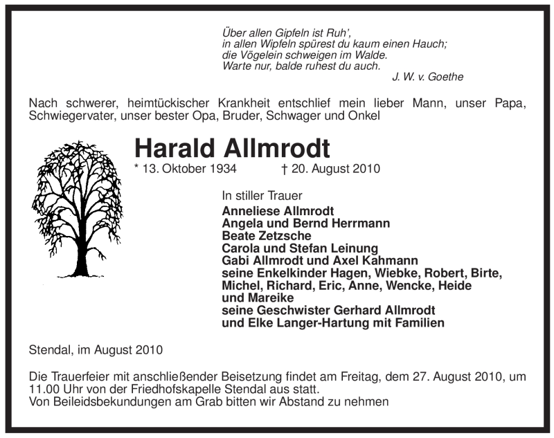  Traueranzeige für Harald Allmrodt vom 24.08.2010 aus ALLGEMEINE ZEITUNG UELZEN