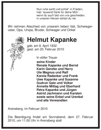 Traueranzeige von Helmut Kapanke von ALLGEMEINE ZEITUNG UELZEN