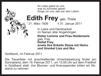 Traueranzeige von Edith Frey von ALLGEMEINE ZEITUNG UELZEN