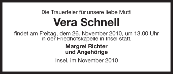 Traueranzeige von Vera Schnell von ALLGEMEINE ZEITUNG UELZEN