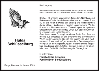 Traueranzeige von Hulda Schlüsselburg von ALLGEMEINE ZEITUNG UELZEN