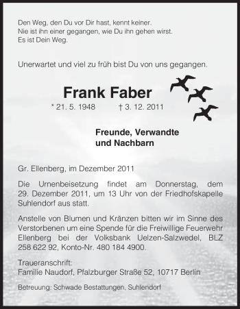 Traueranzeige von Frank Faber von ALLGEMEINE ZEITUNG UELZEN