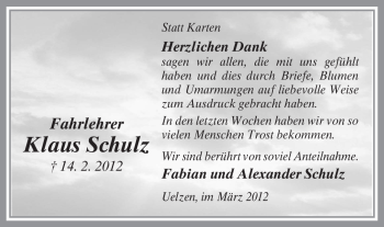 Traueranzeige von Klaus Schulz von ALLGEMEINE ZEITUNG UELZEN