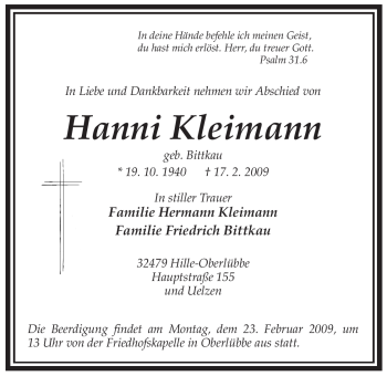 Traueranzeige von Hanni Kleimann von ALLGEMEINE ZEITUNG UELZEN