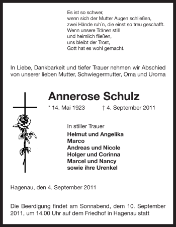 Traueranzeige von Annerose Schulz von ALLGEMEINE ZEITUNG UELZEN