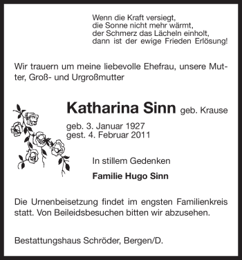 Traueranzeige von Katharina Sinn von ALLGEMEINE ZEITUNG UELZEN