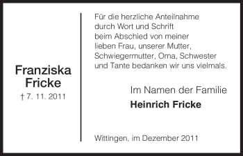 Traueranzeige von Franziska Fricke von ALLGEMEINE ZEITUNG UELZEN