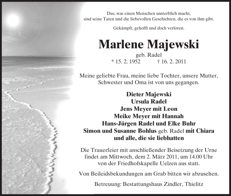  Traueranzeige für Marlene Majewski vom 19.02.2011 aus ALLGEMEINE ZEITUNG UELZEN