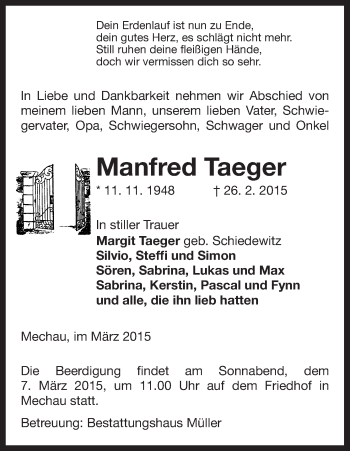 Traueranzeige von Manfred Taeger von Uelzen