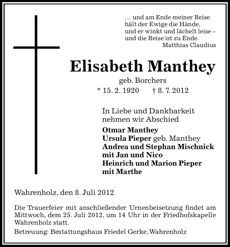  Traueranzeige für Elisabeth Manthey vom 11.07.2012 aus ALLGEMEINE ZEITUNG UELZEN