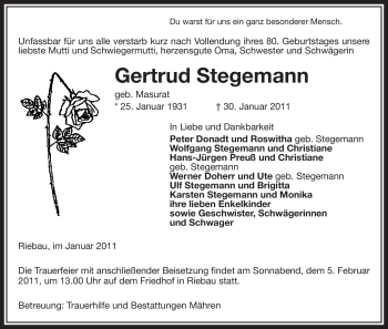 Traueranzeige von Gertrud Stegemann von ALLGEMEINE ZEITUNG UELZEN