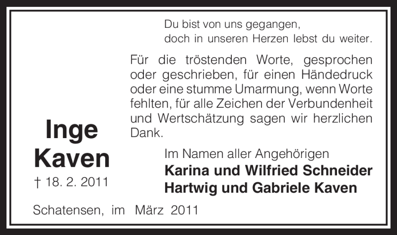  Traueranzeige für Inge Kaven vom 26.03.2011 aus ALLGEMEINE ZEITUNG UELZEN