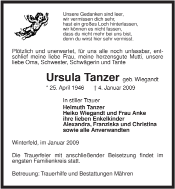 Traueranzeige von Ursula Tanzer von ALLGEMEINE ZEITUNG UELZEN