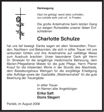 Traueranzeige von Charlotte Schulze von ALLGEMEINE ZEITUNG UELZEN