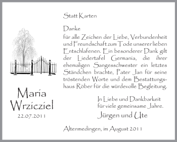 Traueranzeige von Maria Wrizicziel von ALLGEMEINE ZEITUNG UELZEN